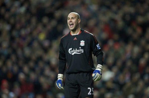 LIVERPOOL, ENGLAND - Monday, January 19, 2009: Liverpool's goalkeeper Pepe Reina in action against Everton during the Premiership match at Anfield. (Photo by David Rawcliffe/Propaganda)