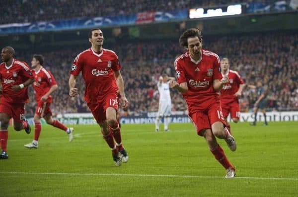 MADRID, SPAIN - Wednesday, February 25, 2009: Liverpool's Yossi Benayoun celebrates scoring against Real Madrid during the UEFA Champions League First Knock-Out Round at the Santiago Bernabeu. (Photo by David Rawcliffe/Propaganda)