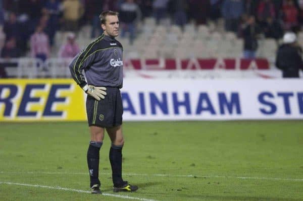 ATHENS, GREECE - Thursday, November 23, 2000: Liverpool's goalkeeper Sander Westerveld looks dejected after conceding an injury time equaliser to Olympiacos during the UEFA Cup 3rd Round 1st Leg match at the Olympic Stadium. (Pic by David Rawcliffe/Propaganda)