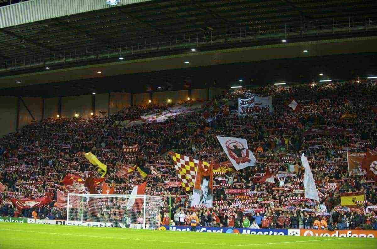 LIVERPOOL, ENGLAND - Tuesday, March 10, 2009: Liverpool fans on the Spion Kop create another magical European night atmosphere before the UEFA Champions League First Knockout Round 2nd Leg match against Real Madrid at Anfield. (Photo by David Rawcliffe/Propaganda)