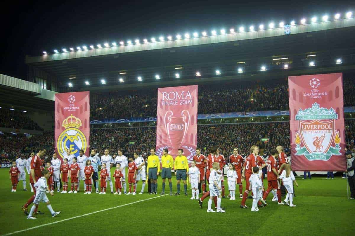 LIVERPOOL, ENGLAND - Tuesday, March 10, 2009: Liverpool and Real Madrid players walk-out before the UEFA Champions League First Knockout Round 2nd Leg match at Anfield. (Photo by David Rawcliffe/Propaganda)