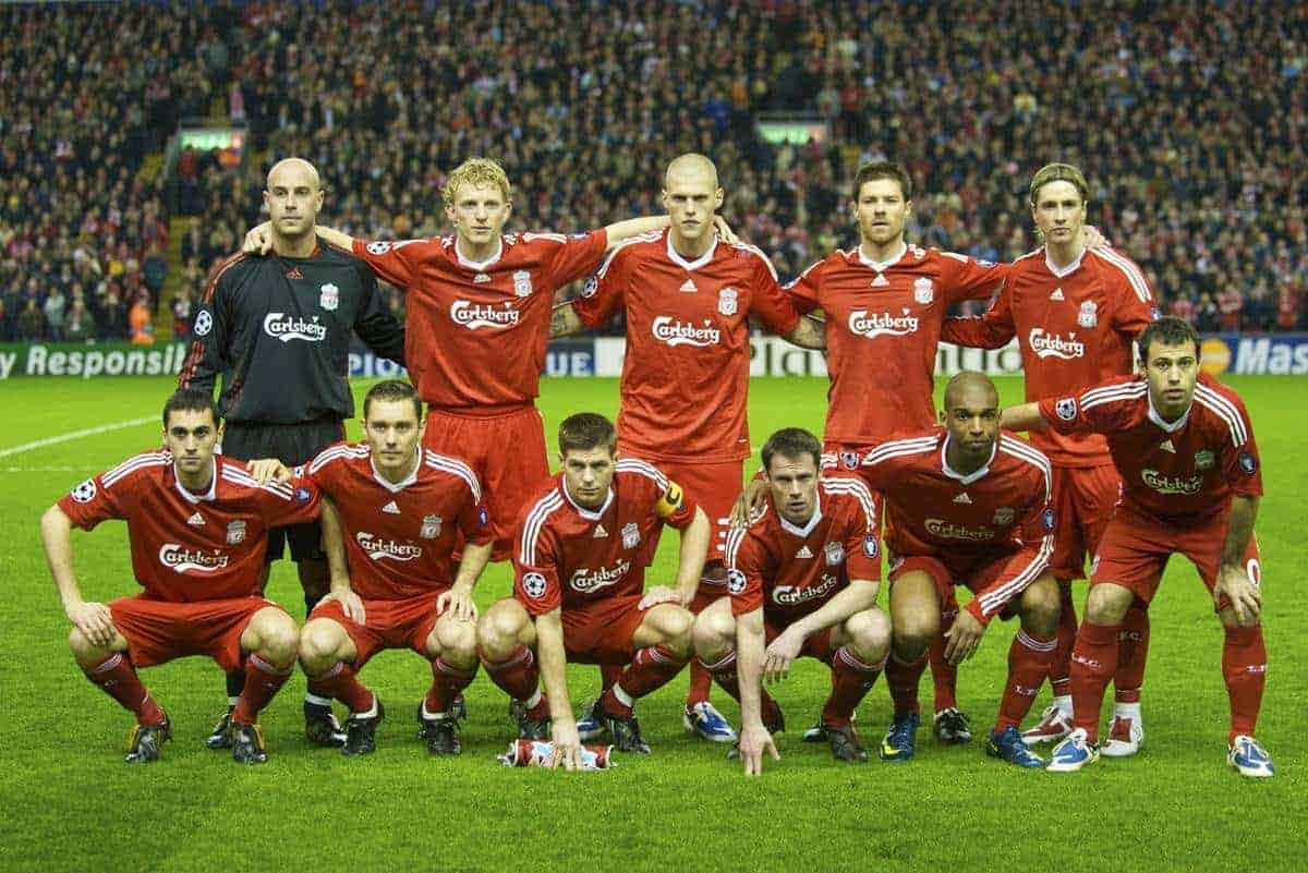 LIVERPOOL, ENGLAND - Tuesday, March 10, 2009: Liverpool players line-up for a team group photo before the UEFA Champions League First Knockout Round 2nd Leg match against Real Madrid at Anfield. Back row (L-R) goalkeeper Pepe Reina, Dirk Kuyt, Martin Skrtel, Xabi Alonso and Fernando Torres. Front Row (L-R) Alvaro Arbeloa, Fabio Aurelio, captain Steven Gerrard MBE, Jamie Carragher, Ryan Babel and Javier Mascherano. (Photo by David Rawcliffe/Propaganda)
