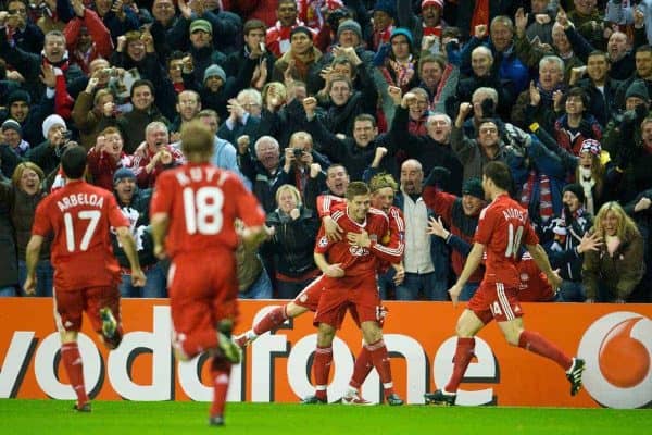 LIVERPOOL, ENGLAND - Tuesday, March 10, 2009: Liverpool's captain Steven Gerrard MBE celebrates with team-mate Fernando Torres after scoring his second, Liverpool's third goal against Real Madrid during the UEFA Champions League First Knockout Round 2nd Leg match at Anfield. (Photo by David Rawcliffe/Propaganda)