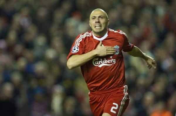 LIVERPOOL, ENGLAND - Tuesday, March 10, 2009: Liverpool's Andrea Dossena celebrates scoring his first, Liverpool's fourth goal, against Real Madrid during the UEFA Champions League First Knockout Round 2nd Leg match at Anfield. (Photo by David Rawcliffe/Propaganda)