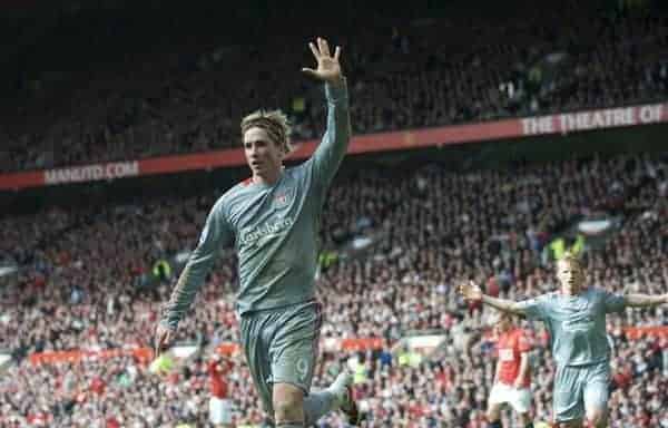 MANCHESTER, ENGLAND - Saturday, March 14, 2009: We've won it five times... Liverpool's Fernando Torres reminds fans of his club's European pedigree as he celebrates scoring the equalising goal against Manchester United during the Premiership match at Old Trafford. (Photo by David Rawcliffe/Propaganda)