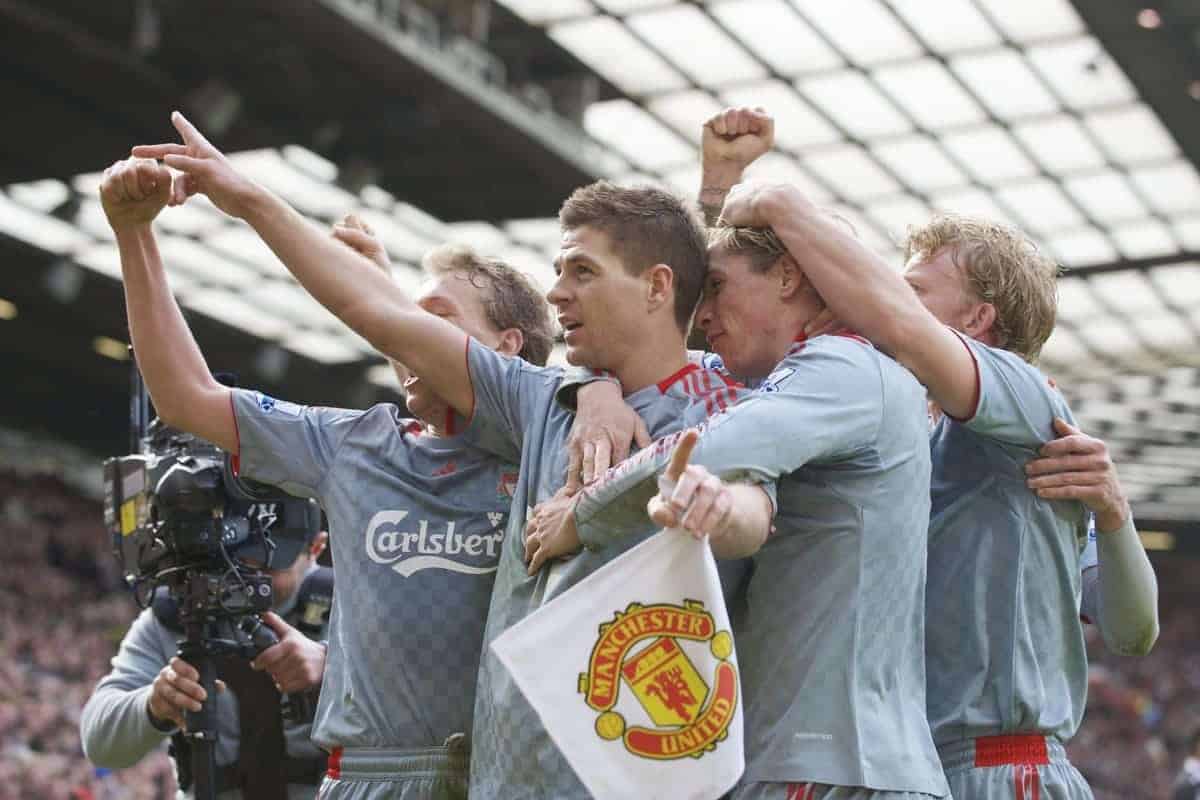 MANCHESTER, ENGLAND - Saturday, March 14, 2009: Liverpool's magnificent captain Steven Gerrard MBE celebrates scoring his side's second goal, from the penalty spot, to put his side 2-1 up against Manchester United with team-mate Fernando Torres during the Premiership match at Old Trafford. (Photo by David Rawcliffe/Propaganda)