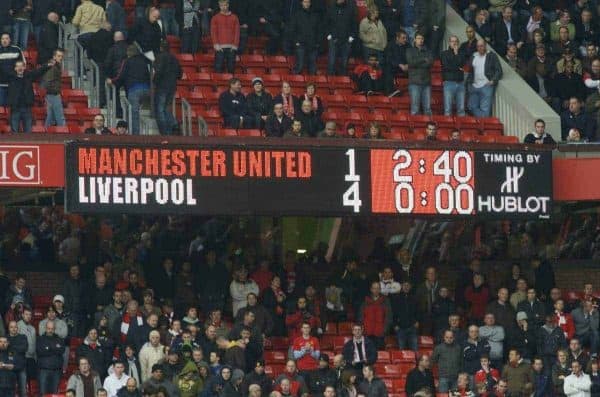 MANCHESTER, ENGLAND - Saturday, March 14, 2009: The Old Trafford scoreboard records Liverpool's 4-1 demolition of Manchester United after the Premiership match. (Photo by David Rawcliffe/Propaganda)