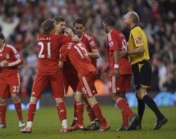 LONDON, ENGLAND - Saturday, April 4, 2009: Liverpool's match-winner Yossi Benayoun (hidden) is mobbed as he celebrates his goal with team-mates against Fulham during the Premiership match at Craven Cottage. (Pic by David Rawcliffe/Propaganda)