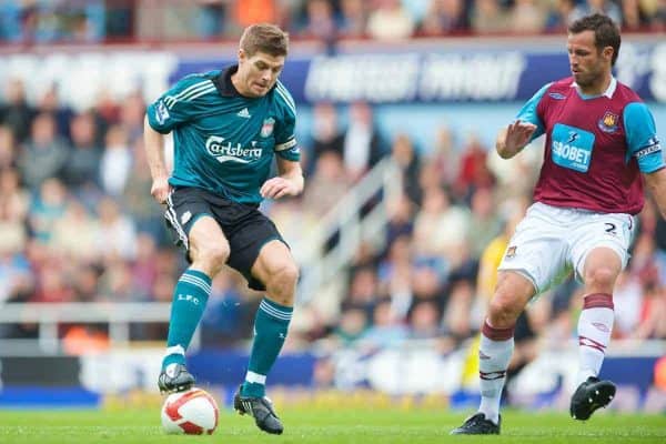 LONDON, ENGLAND - Saturday, May 9, 2009: Liverpool's captain Steven Gerrard MBE and West Ham United's Lucas Neill during the Premiership match at Upton Park. (Photo by David Rawcliffe/Propaganda)
