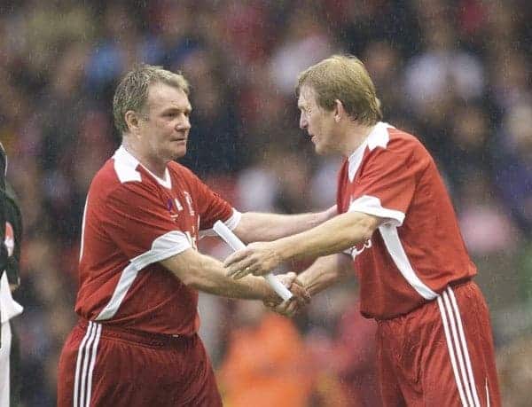 LIVERPOOL, ENGLAND - Thursday, May 14, 2009: Liverpool Legends' player/manager Kenny Dalglish shanks hands with Ray Houghton during the Hillsborough Memorial Charity Game at Anfield. (Photo by David Rawcliffe/Propaganda)