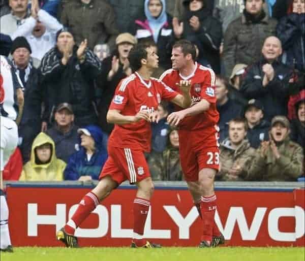 WEST BROMWICH, ENGLAND - Sunday, May 17, 2009: Liverpool's Jamie Carragher clashes with team-mate Alvaro Arbeloa during the Premiership match West Bromwich Albion at the Hawthorns. (Photo by David Rawcliffe/Propaganda)