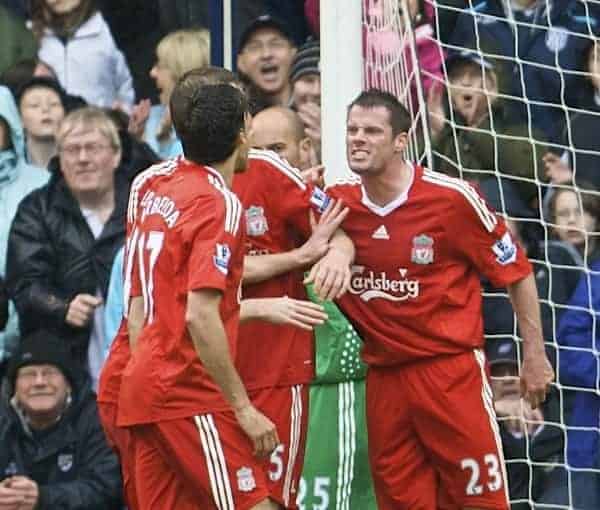 WEST BROMWICH, ENGLAND - Sunday, May 17, 2009: Liverpool's Xabi Alonso is forced to intervene, as Jamie Carragher clashes with team-mate Alvaro Arbeloa during the Premiership match West Bromwich Albion at the Hawthorns. (Photo by David Rawcliffe/Propaganda)