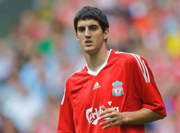 LIVERPOOL, ENGLAND - Saturday, August 8, 2009: Liverpool's Mikel San Jose Dominguez in action against Club Atletico de Madrid during the pre-season friendly match at Anfield. (Pic by: David Rawcliffe/Propaganda)