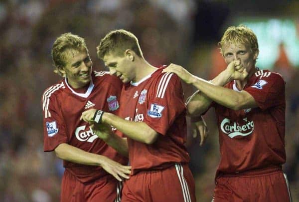 LIVERPOOL, ENGLAND - Wednesday, August 19, 2009: Liverpool's Dirk Kuyt celebrates scoring his side's third goal against Stoke City with team-mates Lucas Leiva and captain Steven Gerrard MBE during the Premiership match against Stoke City at Anfield. (Pic by: David Rawcliffe/Propaganda)