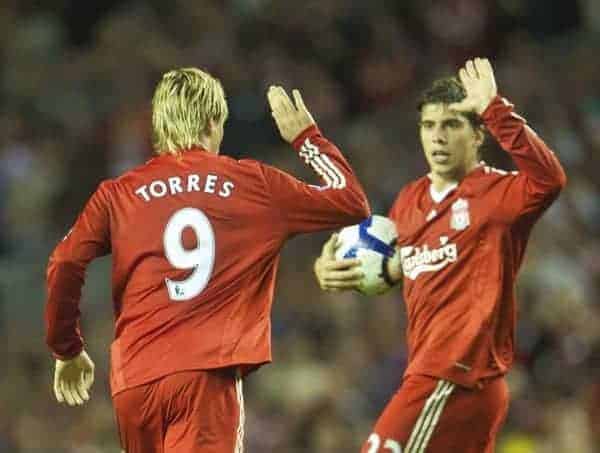 LIVERPOOL, ENGLAND - Monday, August 24, 2009: Liverpool's Fernando Torres celebrates his goal against Aston Villa with team-mate Emiliano Insua during the Premiership match at Anfield. (Photo by David Rawcliffe/Propaganda)