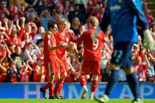 LIVERPOOL, ENGLAND - Saturday, September 12, 2009: Liverpool's Dirk Kuyt celebrates with team-mate Yossi Benayoun after scoring his side's second goal against Burnley during the Premiership match at Anfield. (Photo by David Rawcliffe/Propaganda)