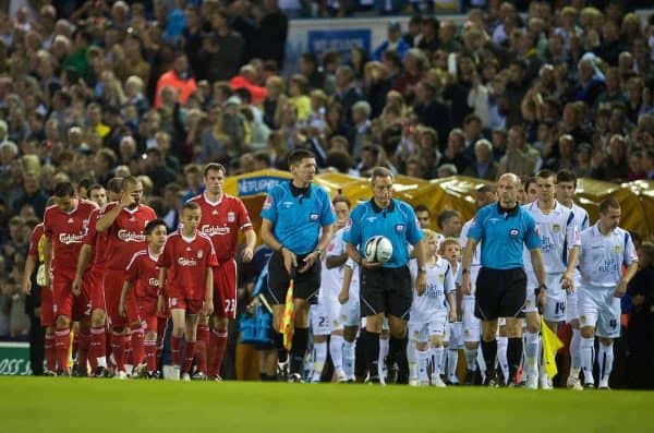 LEEDS, ENGLAND - Tuesday, September 22, 2009: Liverpool's captain Jamie Carragher leads his side out to face Leeds United during the League Cup 3rd Round match at Elland Road. (Photo by David Rawcliffe/Propaganda)