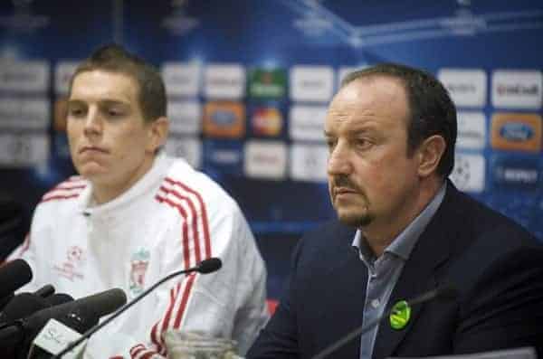 LIVERPOOL, ENGLAND - Monday, October 19, 2009: Liverpool's manager Rafael Benitez and Daniel Agger during a press conference at Anfield ahead of the UEFA Champions League Group E match against Olympique Lyonnais. (Pic by David Rawcliffe/Propaganda)