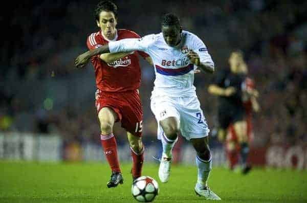 LIVERPOOL, ENGLAND - Tuesday, October 20, 2009: Liverpool's Yossi Benayoun and Olympique Lyonnais's Aly Cissokho during the UEFA Champions League Group E match at Anfield. (Pic by David Rawcliffe/Propaganda)