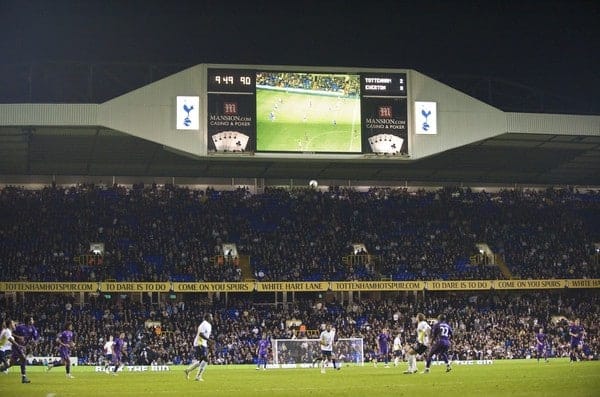 LONDON, ENGLAND - Tuesday, October 27, 2009: The scoreboard records Tottenham Hotspur's 2-0 victory over Everton during the League Cup 4th Round match at White Hart Lane. (Photo by David Rawcliffe/Propaganda)