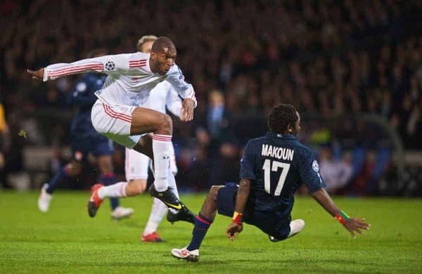 LYON, FRANCE - Wednesday, November 4, 2009: Liverpool's Ryan Babel scores the opening goal against Olympique Lyonnais during the UEFA Champions League Group E match at Stade Gerland. (Pic by David Rawcliffe/Propaganda)