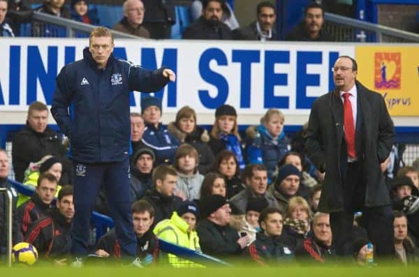 LIVERPOOL, ENGLAND - Sunday, November 29, 2009: Liverpool's manager Rafael Benitez and Everton's manager David Moyes during the Premiership match at Goodison Park. The 212th Merseyside Derby. (Photo by David Rawcliffe/Propaganda)