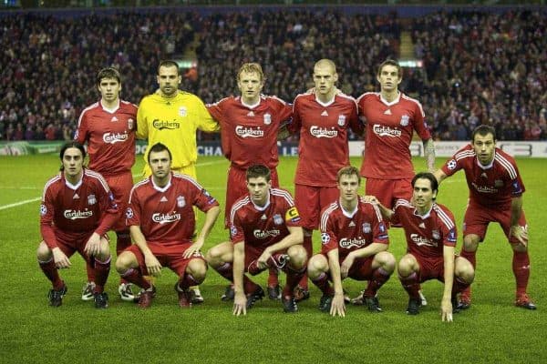 LIVERPOOL, ENGLAND - Wednesday, December 9, 2009: Liverpool's players stand for a team group photograph before the UEFA Champions League Group E match against Fiorentina at Anfield. Back row L-R: Emiliano Insua, goalkeeper Diego Cavalieri, Dirk Kuyt, Martin Skrtel, Daniel Agger. Front row L-R: Alberto Aquilani, Andrea Dossena, captain Steven Gerrard MBE, Stephen Darby, Yossi Benayoun, Javier Mascherano. (Photo by David Rawcliffe/Propaganda)