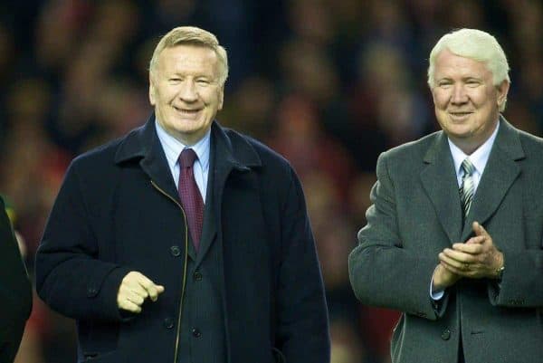 LIVERPOOL, ENGLAND - Wednesday, December 16, 2009: Former Liverpool players Tommy Smith and Chris Lawler join the parade of Liverpool Legends on the pitch at Anfield to commemorate 50 years since the appointment of the late, great Bill Shankly as manager of Liverpool Football Club. (Photo by: David Rawcliffe/Propaganda)