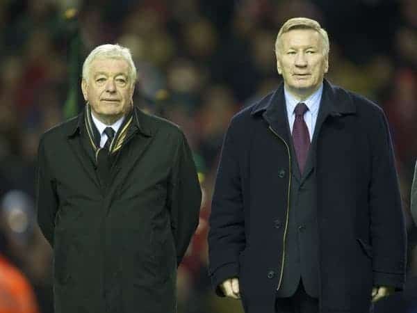 LIVERPOOL, ENGLAND - Wednesday, December 16, 2009: Former Liverpool players Ian Callaghan (all time record appearances for Liverpool) and fomer captain Tommy Smith join the parade of Liverpool Legends on the pitch at Anfield to commemorate 50 years since the appointment of the late, great Bill Shankly as manager of Liverpool Football Club. (Photo by: David Rawcliffe/Propaganda)