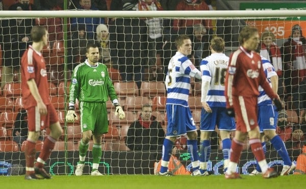 LIVERPOOL, ENGLAND - Wednesday, January 13, 2010: Liverpool's goalkeeper Diego Cavalieri looks dejected after conceding a last minute penalty against Reading during the FA Cup 3rd Round replay match at Anfield. (Photo by: David Rawcliffe/Propaganda)