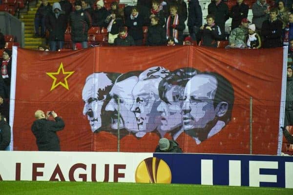 LIVERPOOL, ENGLAND - Thursday, February 18, 2010: A new banner on Liverpool's famous Spion Kop depicts legendary managers Bill Shankly, Bob Paisley, Joe Fagan, Kenny Dalglish and current manager Rafael Benitez before the UEFA Europa League Round of 32 1st Leg match against AFC Unirea Urziceni at Anfield. (Photo by: David Rawcliffe/Propaganda)