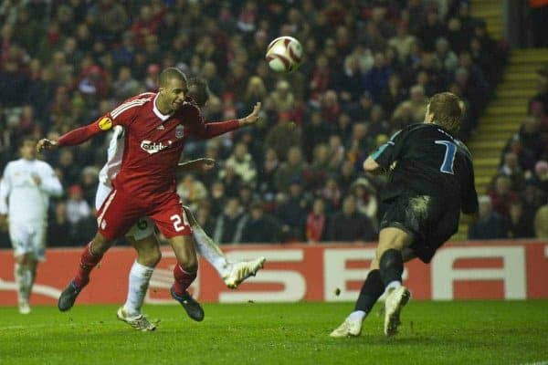 LIVERPOOL, ENGLAND - Thursday, February 18, 2010: Liverpool's David Ngog heads home his side's winning goal against AFC Unirea Urziceni during the UEFA Europa League Round of 32 1st Leg match at Anfield. (Photo by: David Rawcliffe/Propaganda)