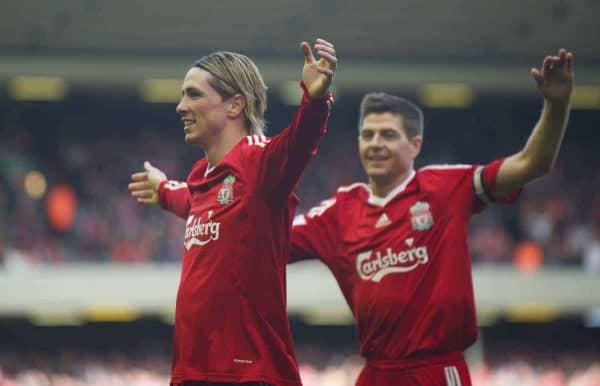 LIVERPOOL, ENGLAND - Sunday, March 28, 2010: Liverpool's Fernando Torres celebrates scoring a spectacular opening goal with team-mate and captain Steven Gerrard MBE against Sunderland during the Premiership match at Anfield. (Photo by: David Rawcliffe/Propaganda)