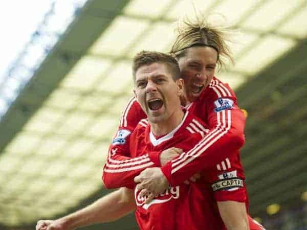 BIRMINGHAM, ENGLAND - Sunday, April 4, 2010: Liverpool's captain Steven Gerrard MBE celebrates scoring the opening goal against Birmingham City with team-mate Fernando Torres during the Premiership match at St Andrews. (Photo by David Rawcliffe/Propaganda)