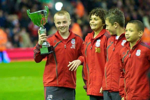 LIVERPOOL, ENGLAND - Monday, April 19, 2010: Liverpool's schoolboy team is presented to the Anfield crowd during half-time of the Premiership match against West Ham United at Anfield. (Photo by: David Rawcliffe/Propaganda)