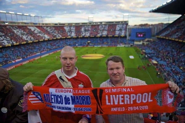 MADRID, SPAIN - Thursday, April 22, 2010: Liverpool supporters Peter Aldridge (L) and Vince Bryant (R) before the UEFA Europa League Semi-Final 1st Leg match against Club Atletico de Madrid at the Vicente Calderon. (Mandatory Credit: David Rawcliffe/Propaganda)