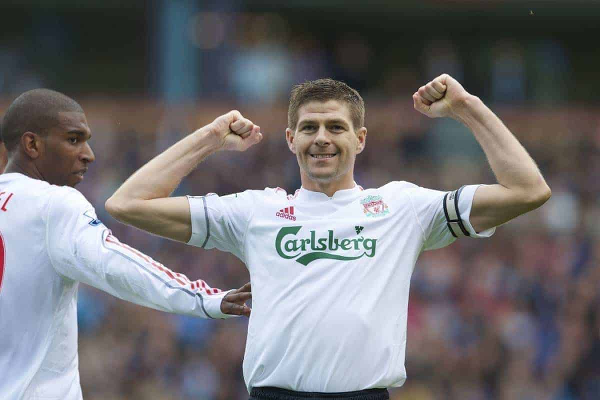 BURNLEY, ENGLAND - Sunday, April 25, 2010: Liverpool's captain Steven Gerrard MBE celebrates scoring the opening against Burnley during the Premiership match at Turf Moor. (Photo by David Rawcliffe/Propaganda)