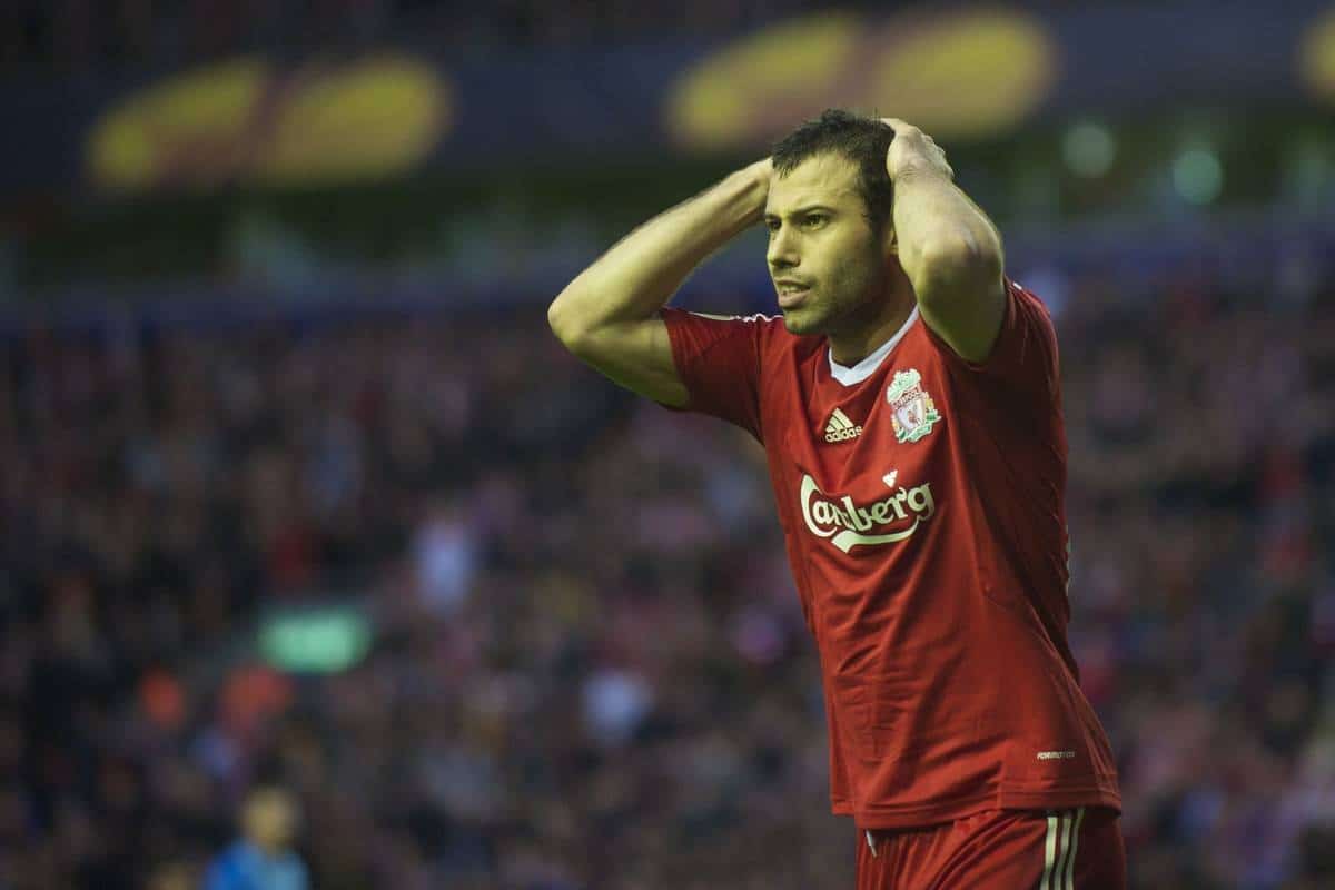 LIVERPOOL, ENGLAND - Thursday, April 29, 2010: Liverpool's Javier Mascherano looks dejected after Dirk Kuyt puts a shot just over the bar from close range during the UEFA Europa League Semi-Final 2nd Leg match against Club Atletico de Madrid at Anfield. (Photo by: David Rawcliffe/Propaganda)