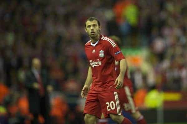 LIVERPOOL, ENGLAND - Thursday, April 29, 2010: Liverpool's Javier Mascherano during the UEFA Europa League Semi-Final 2nd Leg match against Club Atletico de Madrid at Anfield. (Photo by: David Rawcliffe/Propaganda)