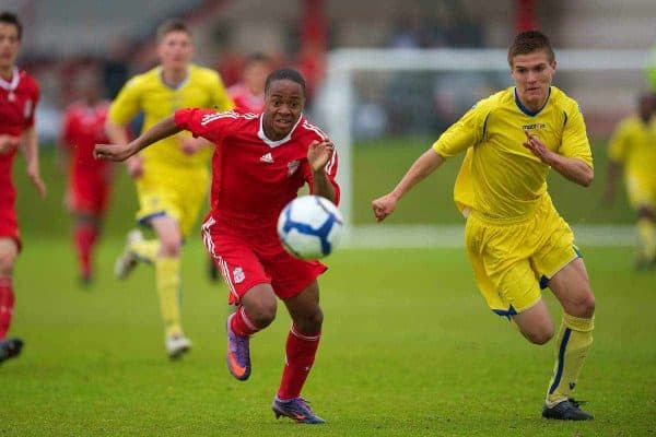 LIVERPOOL, ENGLAND - Thursday, April 29, 2010: Liverpool's Raheem Sterling in action against Leeds United during the FA Academy Under-18's League at the Academy. (Photo by David Rawcliffe/Propaganda)