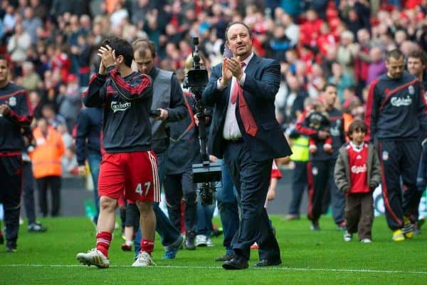 LIVERPOOL, ENGLAND - Sunday, May 2, 2010: Liverpool's manager Rafael Benitez during the Lap of Honour, after the final Premiership match of the season at Anfield. (Photo by David Rawcliffe/Propaganda)
