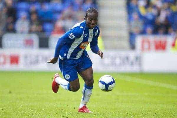 WIGAN, ENGLAND - Monday, May 3, 2010: Wigan Athletic's Victor Moses in action against Hull City during the Premiership match at DW Stadium. (Photo by David Rawcliffe/Propaganda)
