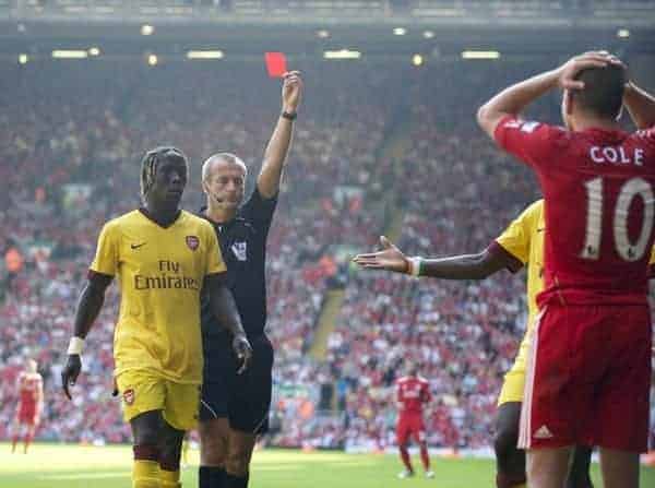 LIVERPOOL, ENGLAND - Sunday, August 15, 2010: Liverpool's Joe Cole is shown the red card by referee Martin Atkinson against Arsenal during the Premiership match at Anfield. (Pic by: David Rawcliffe/Propaganda)