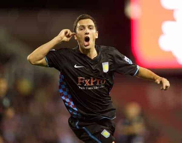 STOKE, ENGLAND - Monday, September 13, 2010: Aston Villa's Stuart Downing celebrates scoring the opening goal against Stoke City during the Premiership match at the Britannia Stadium. (Photo by David Rawcliffe/Propaganda)