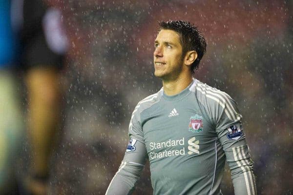 LIVERPOOL, ENGLAND - Wednesday, September 22, 2010: Liverpool's goalkeeper Brad Jones looks dejected after a 4-2 penalty shoot-out defeat to Northampton Town during the Football League Cup 3rd Round match against Northampton Town at Anfield. (Photo by David Rawcliffe/Propaganda)