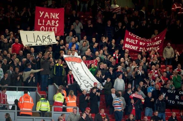 LIVERPOOL, ENGLAND - Saturday, September 25, 2010: Liverpool's supporters on the Spion Kop stage a protest against the club's American owners Tom Hicks and George N. Gillett Jr. after the Premiership match against Sunderland at Anfield. (Photo by David Rawcliffe/Propaganda)