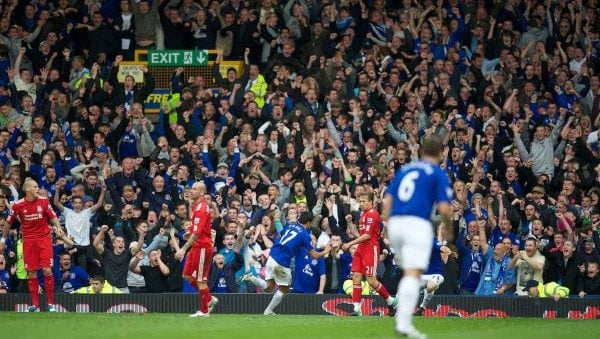 LIVERPOOL, ENGLAND - Sunday, October 17, 2010: Everton's Tim Cahill celebrates scoring the opening goal against Liverpool during the 214th Merseyside Derby match at Goodison Park. (Photo by David Rawcliffe/Propaganda)
