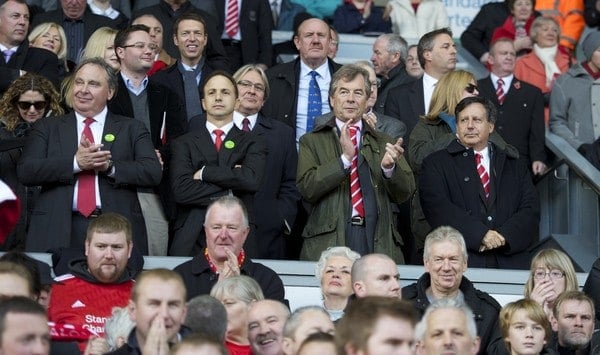 LIVERPOOL, ENGLAND - Sunday, October 24, 2010: Liverpool's new owners New England Sports Ventures vice chairman David Ginsberg, investor Michael Gordon, chairman Martin Broughton and co-owner and NESV Chairman Tom Werner during the Premiership match against Blackburn Rovers at Anfield. (Photo by David Rawcliffe/Propaganda)