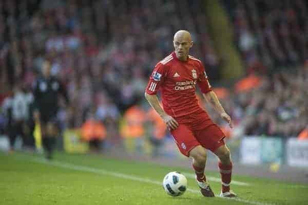 LIVERPOOL, ENGLAND - Sunday, October 24, 2010: Liverpool's Paul Konchesky in action against Blackburn Rovers during the Premiership match at Anfield. (Photo by David Rawcliffe/Propaganda)