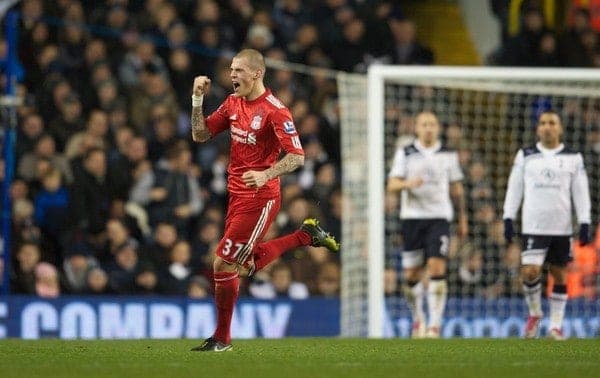 LONDON, ENGLAND - Sunday, November 28, 2010: Liverpool's Martin Skrtel celebrates scoring the opening goal against Tottenham Hotspur during the Premiership match at White Hart Lane. (Pic by: David Rawcliffe/Propaganda)